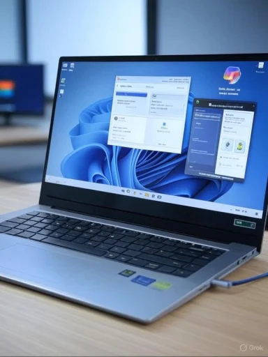 A silver laptop on a wooden desk running Windows 11 with several open windows.