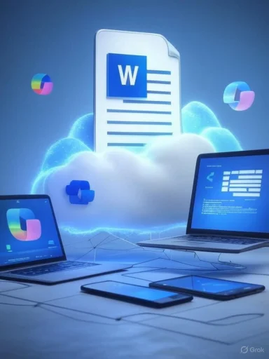 A Word document icon floats in a cloud above laptops, symbolizing cloud-based document editing.