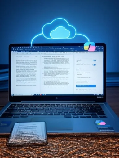 A laptop with a neon blue cloud icon floating above, suggesting cloud storage.