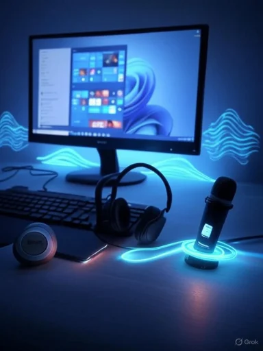 Blue-lit desk setup with a monitor, headphones, microphone, and neon wave accents.
