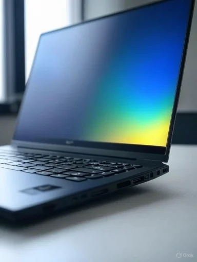 A sleek laptop on a desk displays a vibrant rainbow gradient on its screen.