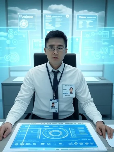 A man in a white shirt and tie sits at a desk, surrounded by blue holographic data screens.