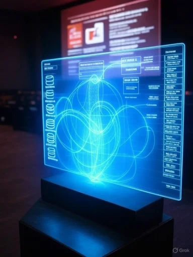 Blue holographic data diagram with looping lines projected on a pedestal.