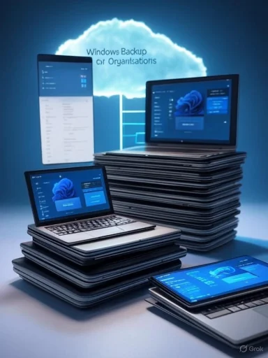Stacks of laptops and tablets display Windows Backup for organizations under a cloud graphic.