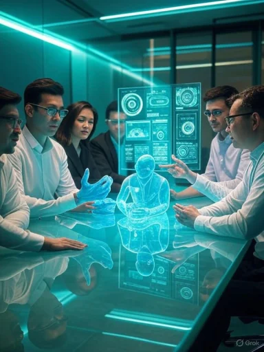Researchers review a glowing holographic figure in a futuristic lab. Researchers review a glowing holographic figure in a futuristic lab.
