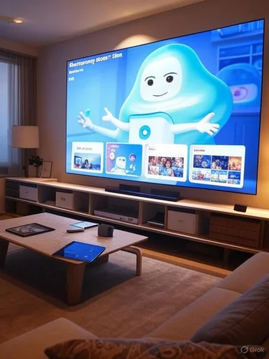 Cozy living room with a giant wall-mounted TV showing a blue cartoon character.