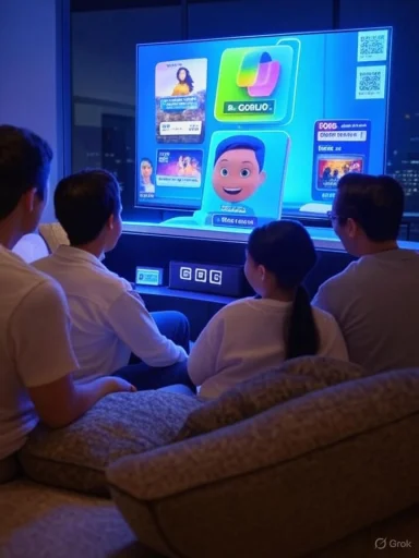 A family sits on a couch, watching a large screen displaying a colorful digital interface with a smiling avatar.