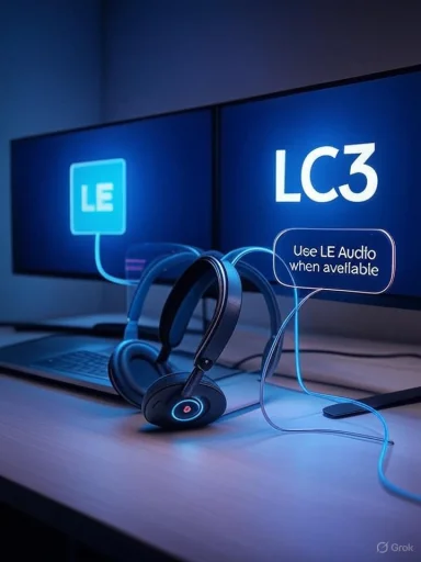 Blue-lit desk setup with headphones, laptop, and LC3/LE Audio display panels.