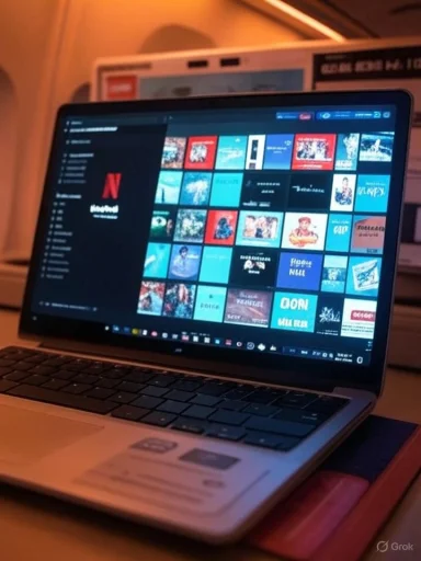 A laptop on a plane tray shows Netflix’s grid of movie posters in warm cabin lighting. A laptop on a plane tray shows Netflix’s grid of movie posters in warm cabin lighting.