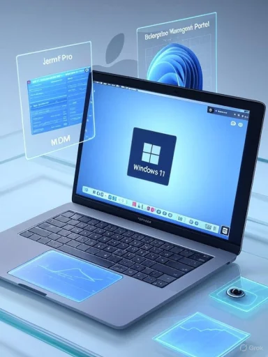 Windows 11 laptop with floating holographic dashboards.
