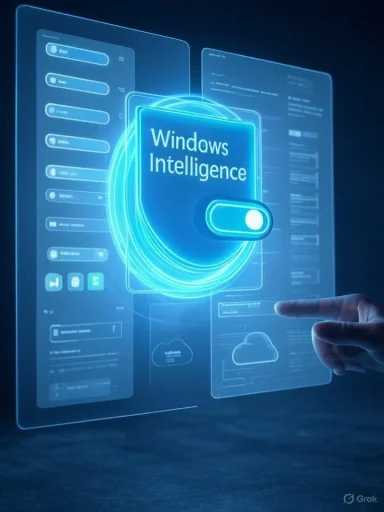 Futuristic holographic Windows Intelligence UI being toggled by a finger.