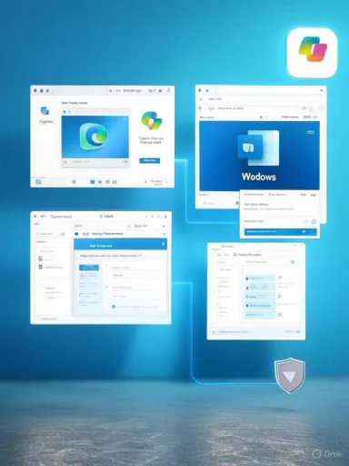 A Windows desktop with multiple floating windows and a security shield icon.