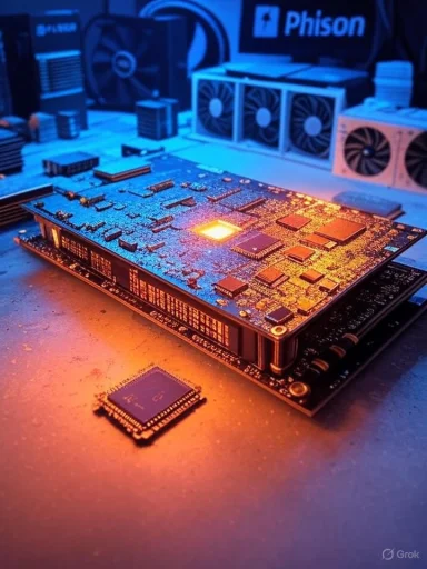 A chip-laden PCB on a lab bench under blue lighting, with cooling fans in the background.