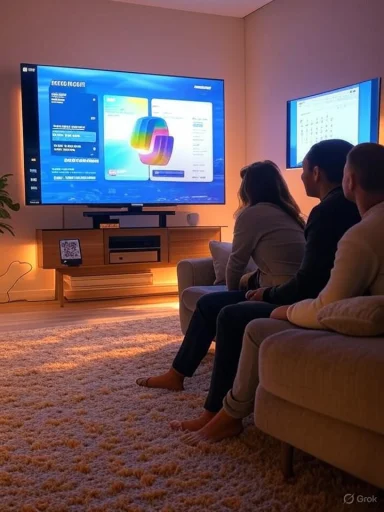Three people sit on a couch watching a large TV with a colorful app interface in a cozy living room.
