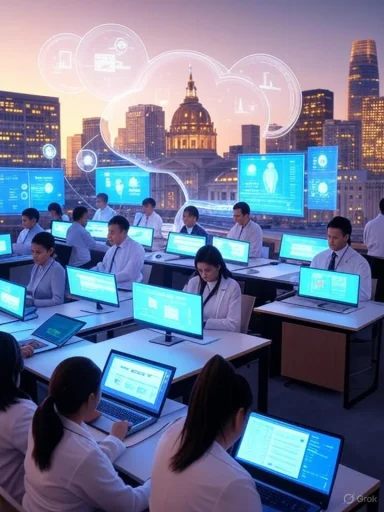 A futuristic control room with staff at computer desks beneath holographic cityscape displays.