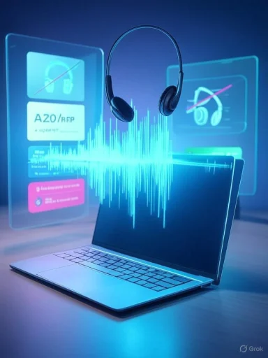 A futuristic laptop with a glowing blue waveform and holographic screens.