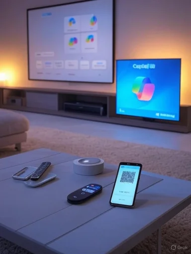Modern living room with a wall TV, smart devices, and a phone displaying a QR code on the coffee table.