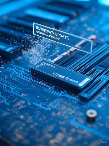 Close-up of a blue PCB with a hovering update badge.