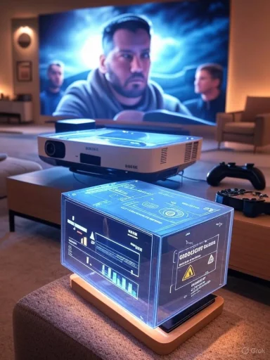 A living room cinema setup with a projector, a large screen showing a man, and a glowing holographic box on the table.