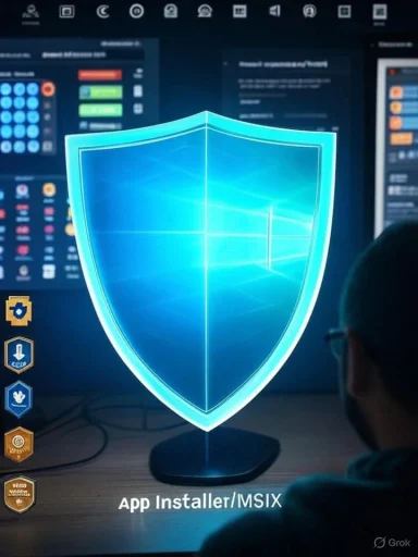 A glowing blue Windows shield hologram on a desk, labeled 'App Installer/MSIX.'