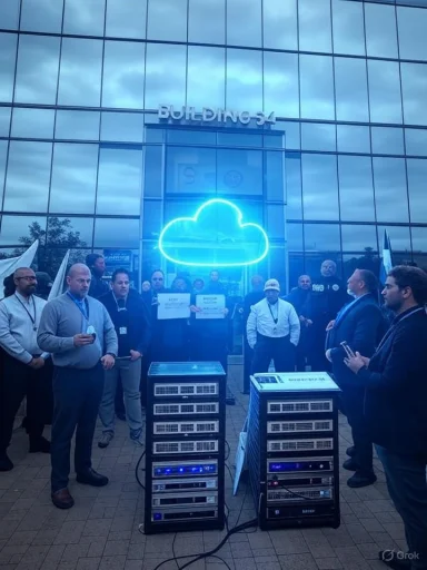 People gather outside a glass-front building beneath a blue neon cloud sign, with server racks in front.