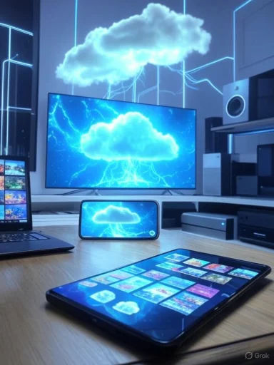 A blue cloud and lightning wallpaper spans laptop, phone, tablet and TV on a modern desk.