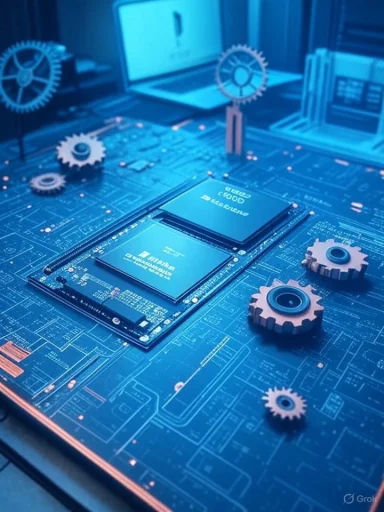 Blue-lit close-up of a computer motherboard featuring an SSD and decorative gears.