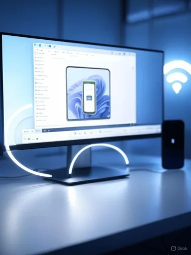 Minimalist desk setup with a curved neon ring light and a monitor displaying a phone image.