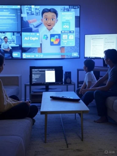 A family sits on couches watching a large screen featuring a friendly animated AI avatar.
