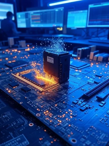 Blue-lit lab scene: sparks fly from a component on a motherboard.