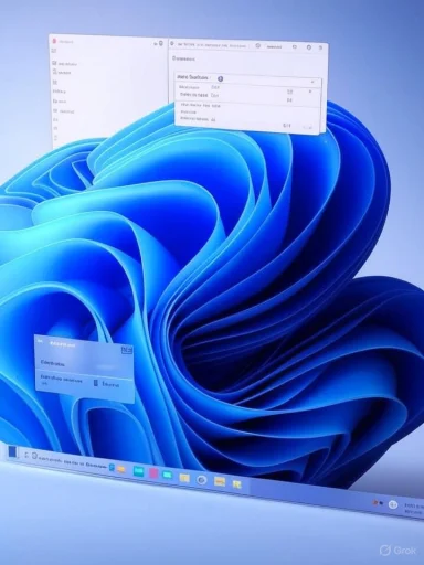 Windows 11 desktop with a blue abstract wallpaper and floating windows.