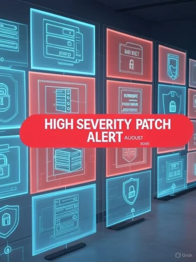 High severity patch alert banner over glowing blue security and server icons.