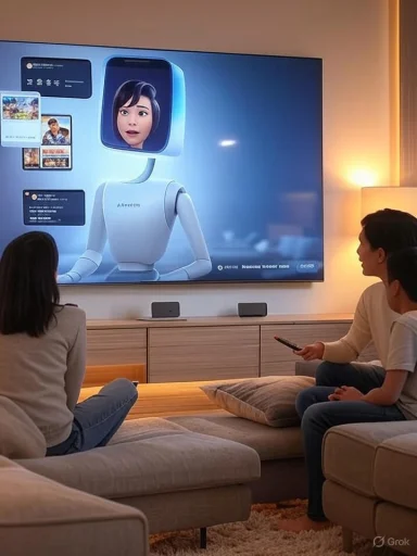 Two people sit on a couch watching a large screen displaying a friendly humanoid robot.