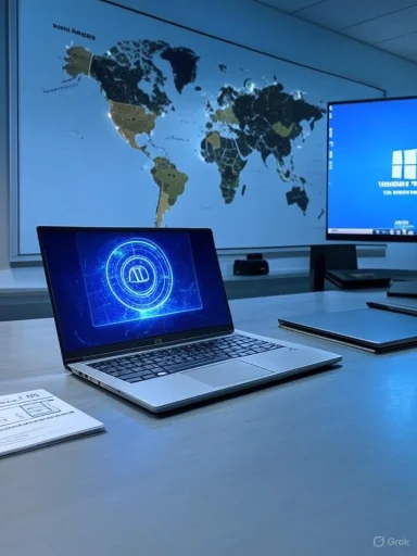 Tech office scene with a laptop showing a blue UI, a world map mural, and a large monitor.