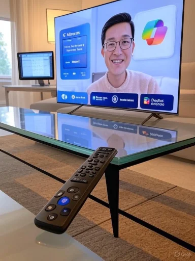 Smiling man on a large TV screen in a bright living room with a remote on a glass coffee table.