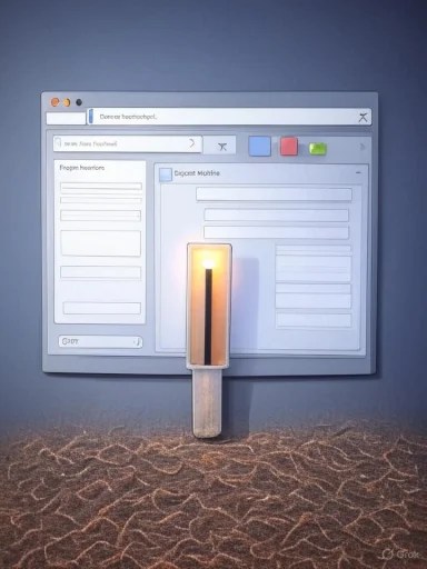 A wall mural of a retro computer window with a glowing lamp protruding from the center.