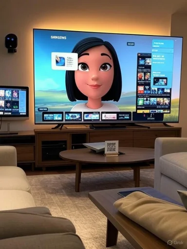 Cozy living room with a large TV showing a 3D animated avatar.