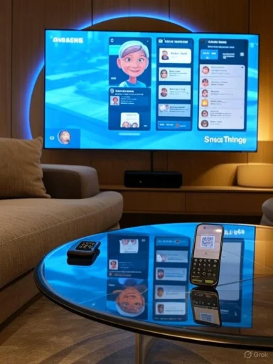 Living room setup: a large TV shows blue app UI while a smartphone and smartwatch sit on a reflective glass coffee table.