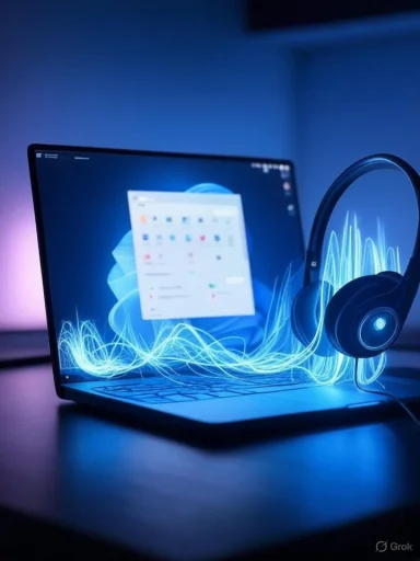 Laptop with blue neon waveform graphics and headphones on a dim desk.