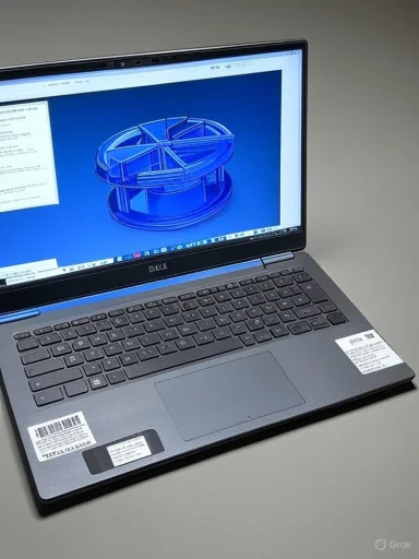 A Dell laptop displaying a blue 3D CAD model on the screen.