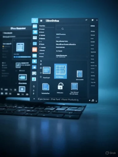 A laptop screen shows multiple blue-tinted application windows.