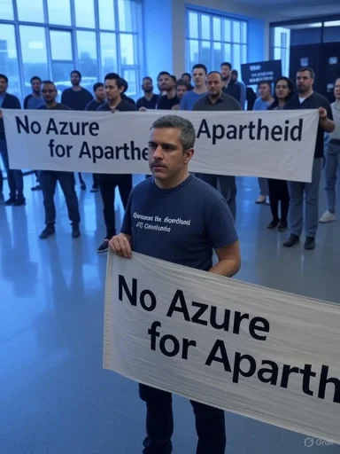 Protesters hold banners reading “No Azure for Apartheid” at an indoor rally.