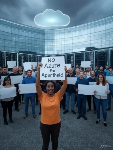 Protesters hold a sign reading “NO Azure for Apartheid” outside a modern data center.