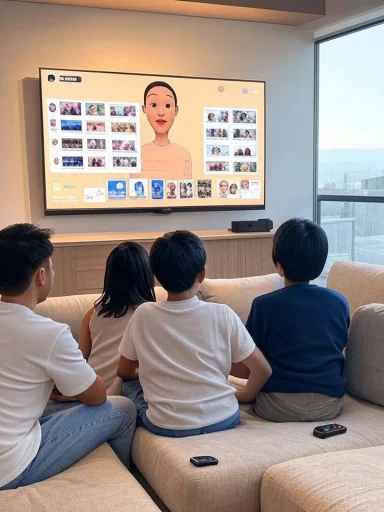 Four kids sit on a sofa watching a large cartoon avatar interface on a wall-mounted TV.