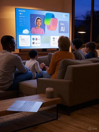 A family sits on a sofa, watching a large screen displaying a colorful AI UI.