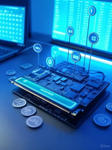 Blue-lit circuit board with floating icon pins rising above the chips.
