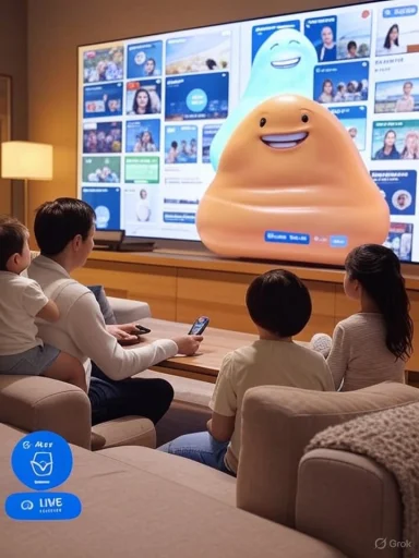 A family sits on a couch watching a giant, smiling blob-shaped cartoon on a wall-sized screen.