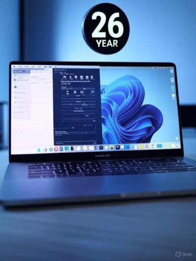 A MacBook Pro on a blue-lit desk with a circular '26 Year' sign floating above.