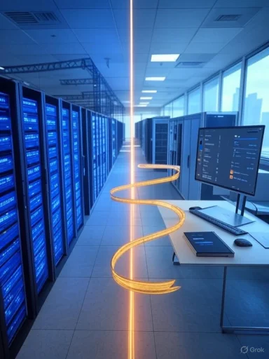 A data center with blue-lit server racks and a glowing orange spiral light along the aisle.