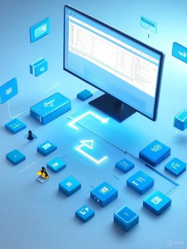 A glowing blue computer screen surrounded by floating app icons.